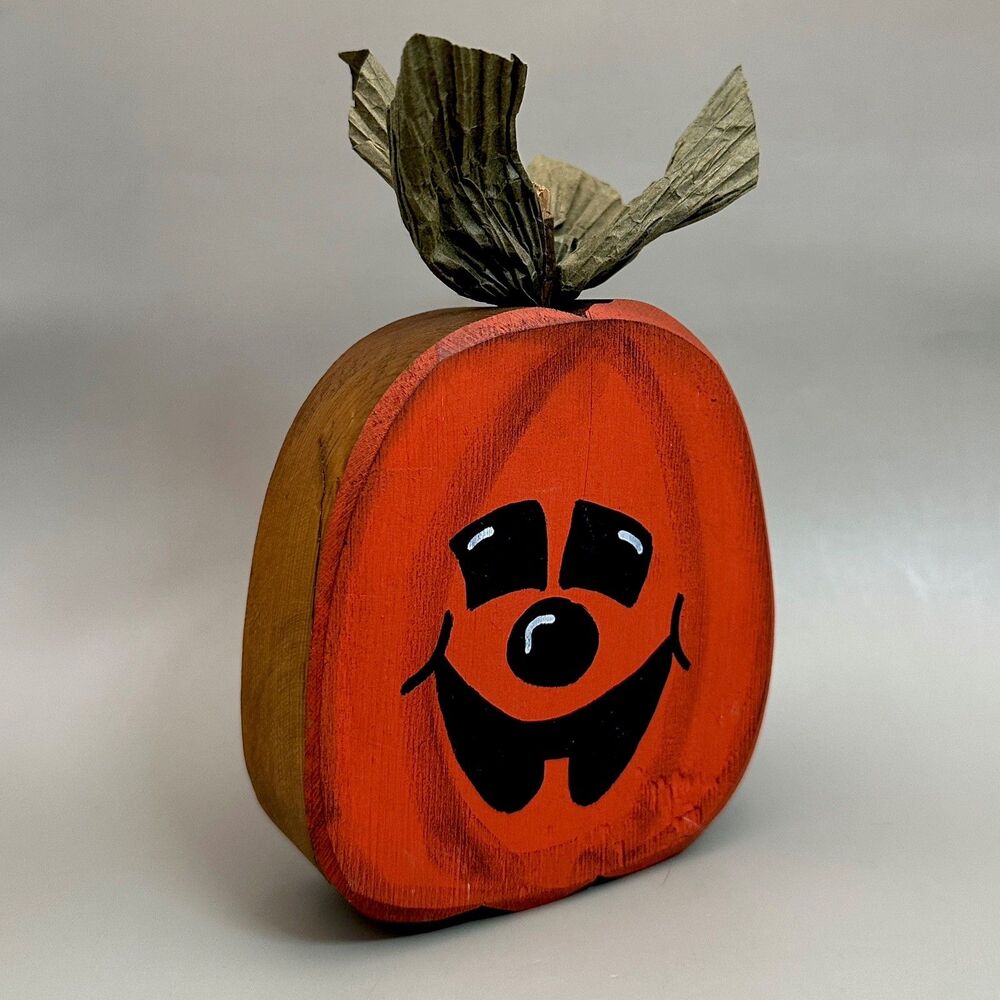VTG Wooden Hand Painted Pumpkin Jack O Lantern Fall Halloween Decor Shelf Sitter